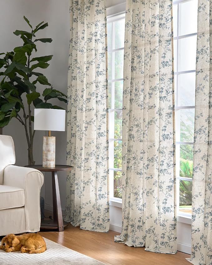 jinchan Blue Floral Linen Curtains 63 Inch French Country Back Tab 2 Panels | - Image 6