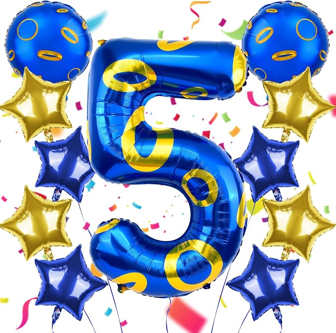 40 Inch Blue and Golden Ring Themed Number Balloon, Number Block Foil Number 5 by AXBMM