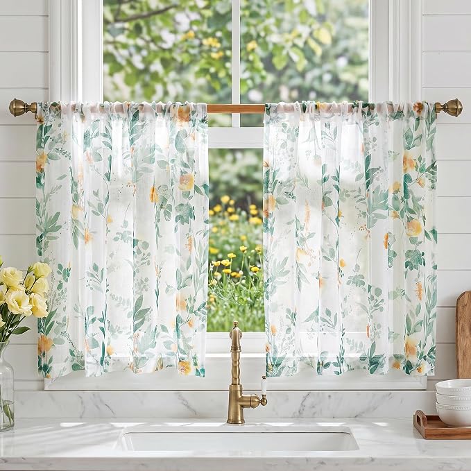MYSKY HOME Green Floral Sheer Cafe Curtains 36 Inches Long by MYSKYHOME
