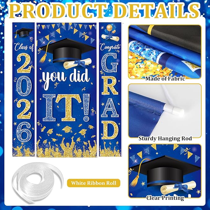 Blue and Gold Graduation Decorations 2026 Congrats Grad Hanging Banner You Did - Image 2