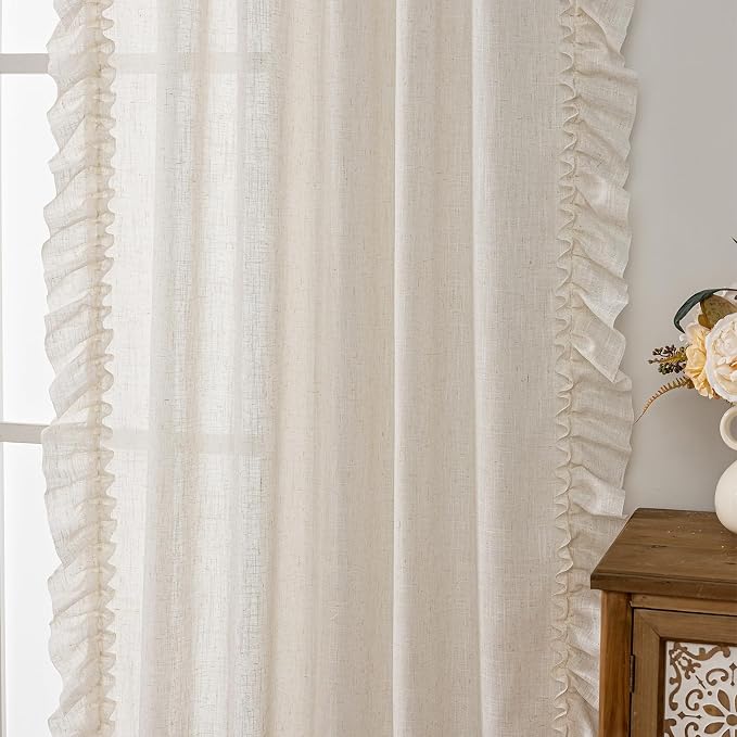 TERLYTEX Linen Curtains for Bedroom Ruffled Edges 47 x 63 Inch, 2 Panels | Rod - Image 5