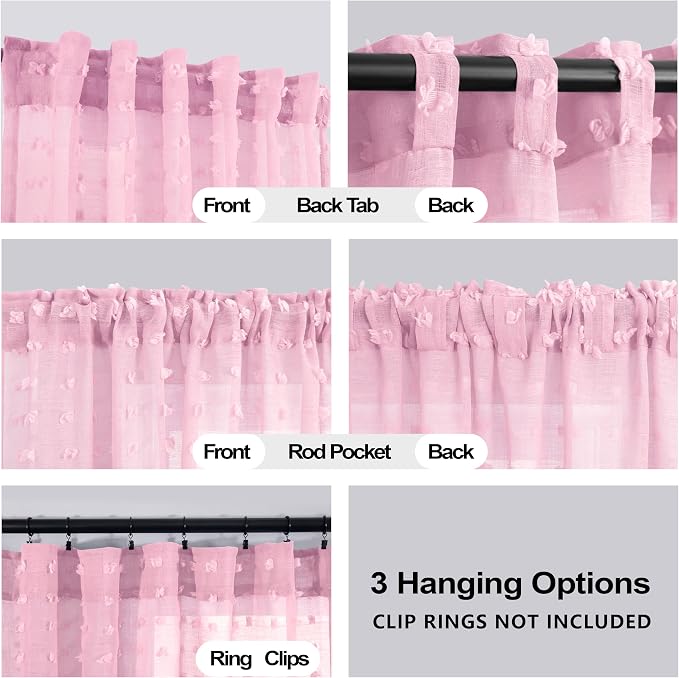 KOUFALL Pink Back Tab Rod Pocket Pom Pom Sheer Curtains, 8 FT 52x96 Length - Image 3