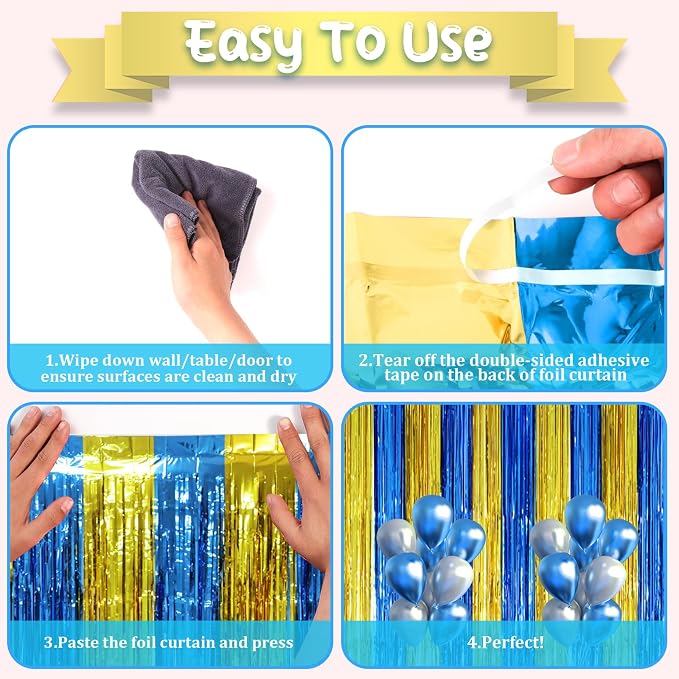 Voircoloria Blue Gold Foil Fringe Backdrop Curtains, 2 Pack | Tinsel Streamers - Image 3