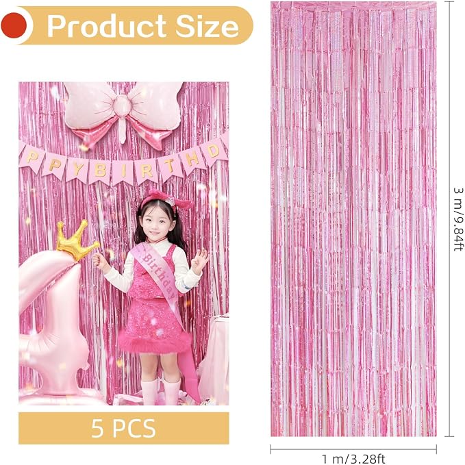 5 Pack Pink Foil Curtain Backdrop 3.2ft x 9.8ft Metallic Tinsel Foil Fringe - Image 3