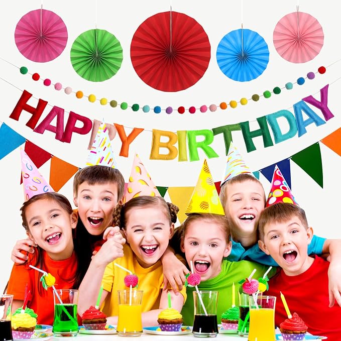 Rainbow 3D Happy Birthday Banner, Pre-Strung Felt Party Decorations | - Image 6