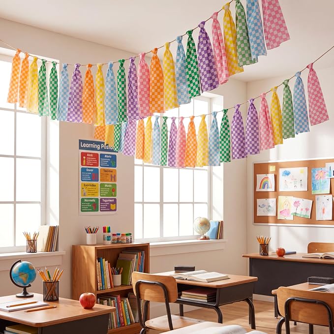 Fanfanwin 2 Pcs 6.7 ft Rainbow Checkerboard Tassel Garland, Colorful Fabric - Image 4
