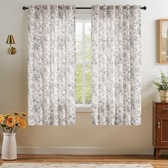 jinchan Black Floral Linen Curtains 54 Inch Vintage Back Tab 2 Panels | Light - Image 2