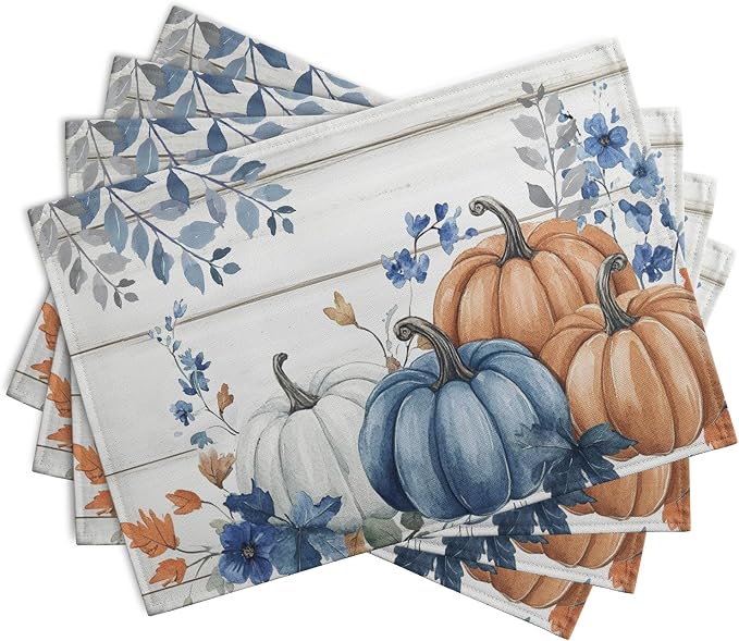 Autumn Placemats Blue Pumpkin Fall Place Mat Eucalyptus Leaves Floral Wood - Image 2