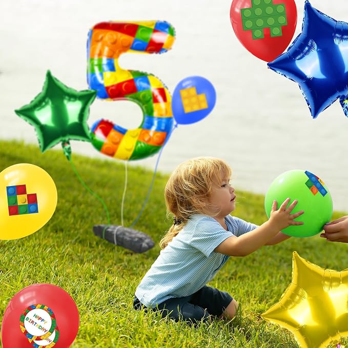 40 Inch Building Block Number Balloon, Colorful Number Block Foil Number 5 - Image 5