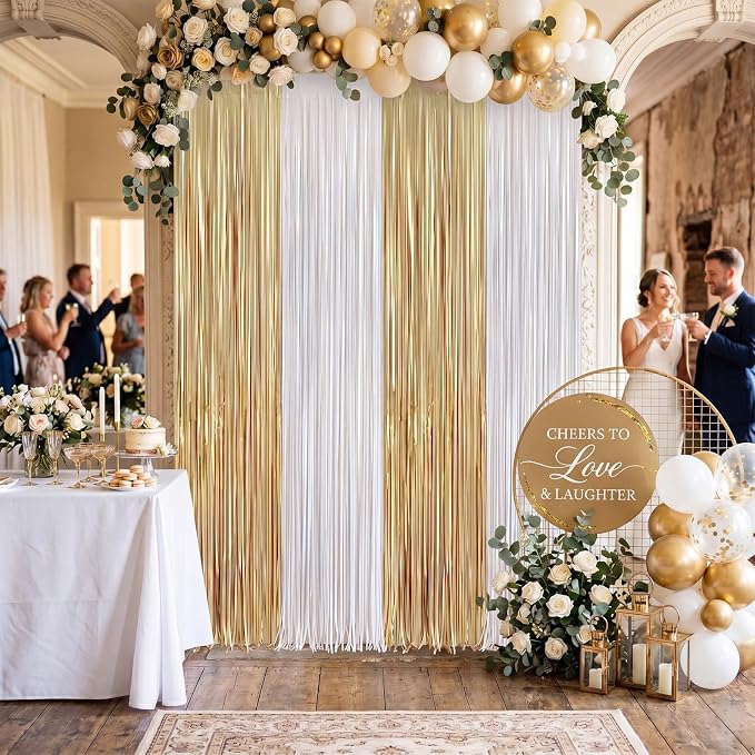 Frienda 4pcs White and Gold Party Decorations 6.6ft Fringe Curtains Decorations - Image 5