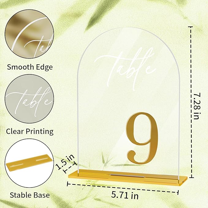 Arch Wedding Table Numbers 1-30 with Stands, Elegant Gold Number 5.5 x 7” Arch Acrylic Signs with Holder, Clear Acrylic Table Numbers for Wedding Reception, Anniversary, Party, Events