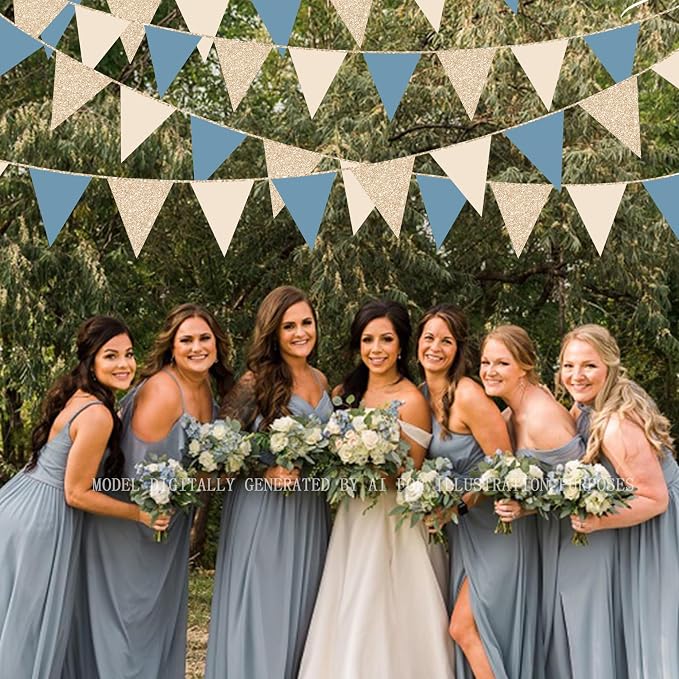 30Ft Champagne Gold Dusty Blue Beige Party Decorations Pennant Banner Flag - Image 7