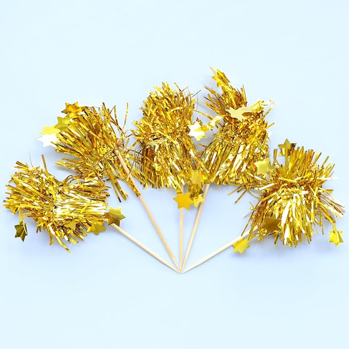 Gyufise 30Pcs Star Foil Firework Cupcake Toppers Sparkle Tinsel Cake Toppers - Image 8