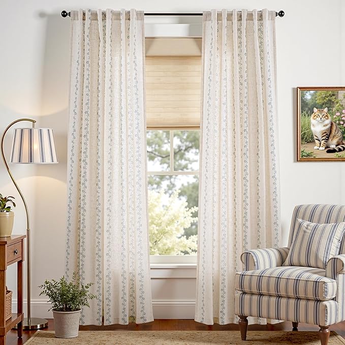 Cathy Blue Linen Floral Curtains 84 inches Long Semi Sheer Drapes 2 Panels - Image 2