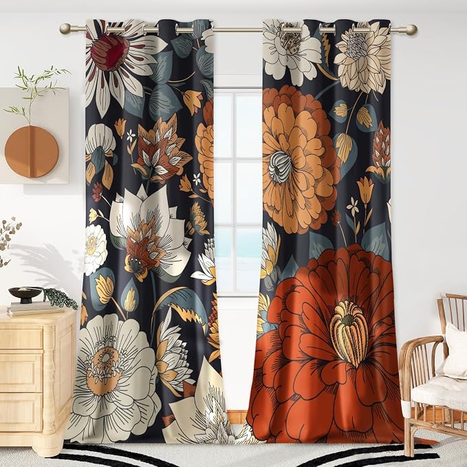 Tyrot 100% Blackout Black Boho Floral Curtains 108 Inches Extra Long by TyrotHomeDecor