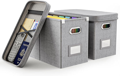 Oterri Hanging Filing File Box with Mesh Pocket, File Organizer Box with Lid, Collapsible Document Organizer Box for Letter Size, Easy Slide Durable Storage Box for Office/Decor/Home (2 PCS, Grey)