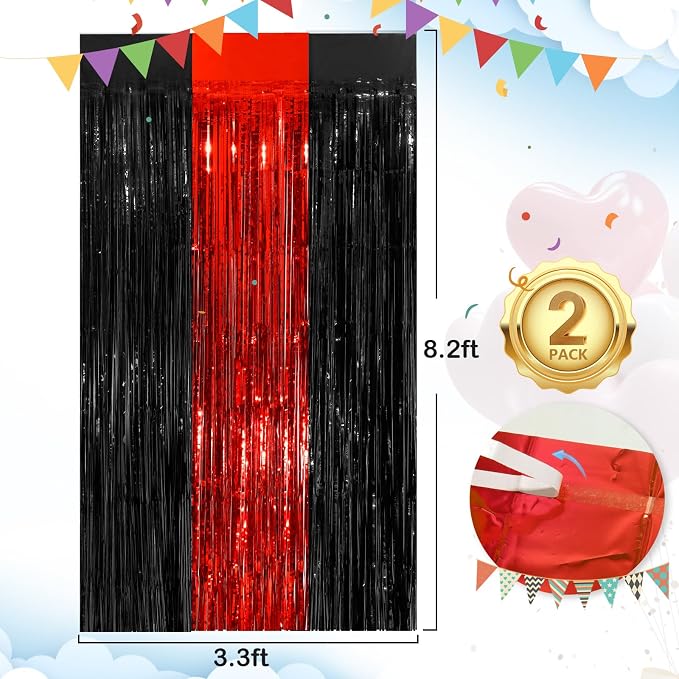 Black Red Fringe Curtain Party Streamers 2Pack 3.3 x 8.3 Ft Foil Fringe - Image 3