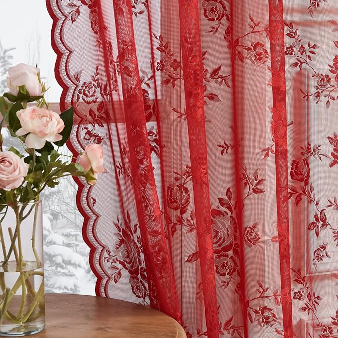 Red Lace Curtains 96 Inches Long 2 Panels Christmas Romantic Flower Sheer - Image 4