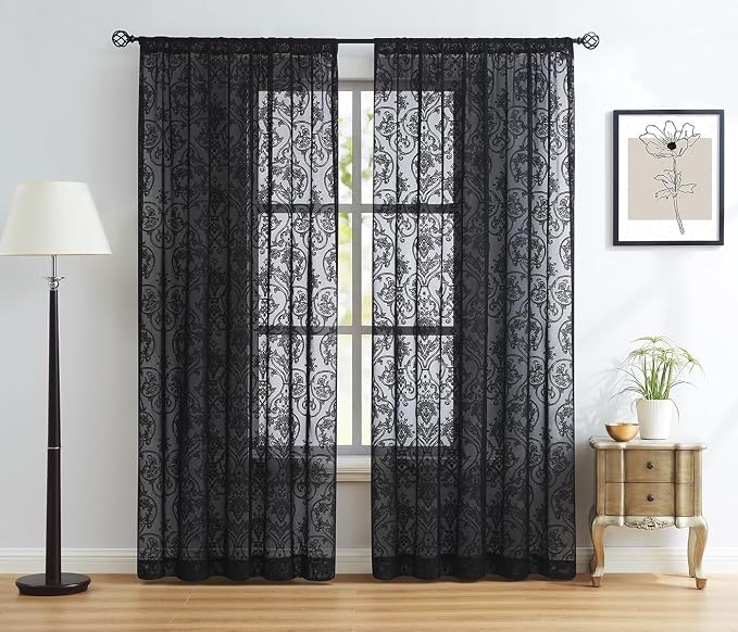 Black Lace Curtains 84 inch Damask Sheer Curtain Panels - Image 2