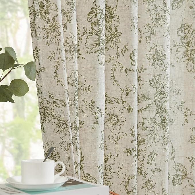 jinchan Green Floral Linen Curtains 54 Inch Vintage Back Tab 2 Panels | Light - Image 2
