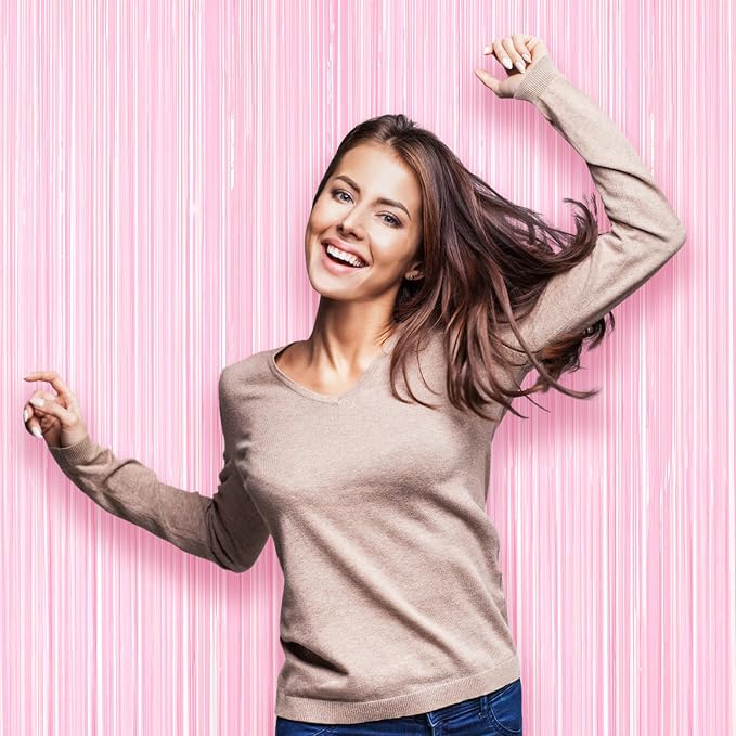 Voircoloria Pastel Pink Foil Fringe Backdrop Curtains, 2 Pack | Tinsel Streamers - Image 6