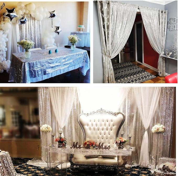 Poise3EHome Silver Sequin Backdrop Curtains, 4 Panels 2FTx8FT Glitter Background - Image 6