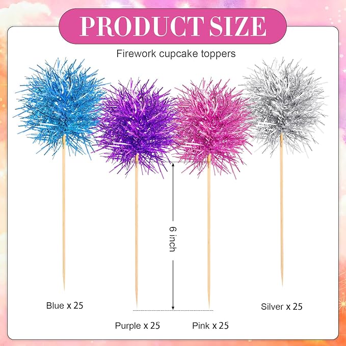 Chinco 100 Pcs Foil Firework Cupcake Toppers Sparkle Tinsel Cake Toppers Cake - Image 2