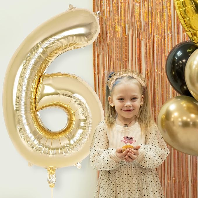 Champagne Gold Large Number 6 Balloon, 40 Inch Light Gold Foil Helium Number - Image 4