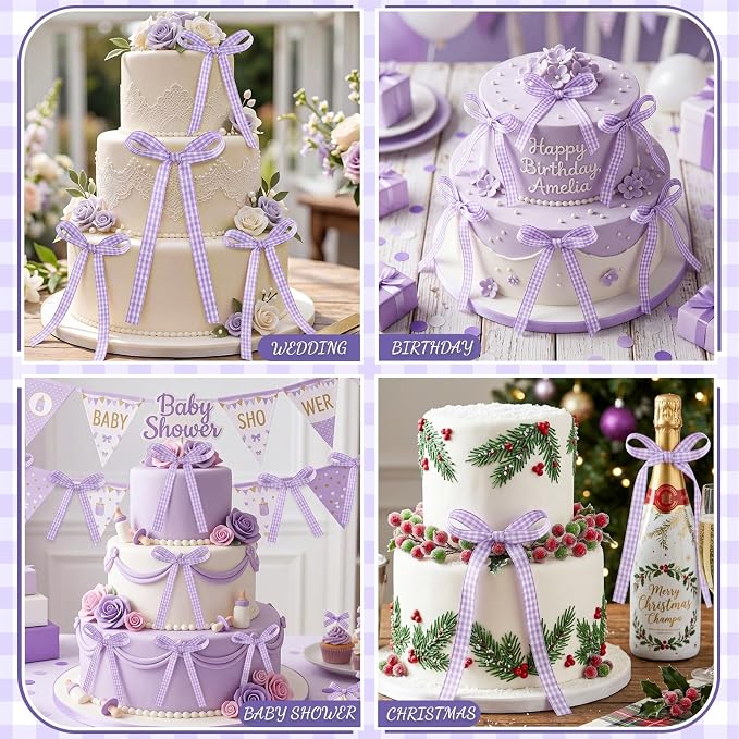 30 Pack Bow Cake Toppers Purple Gingham Ribbon Bows - Image 4