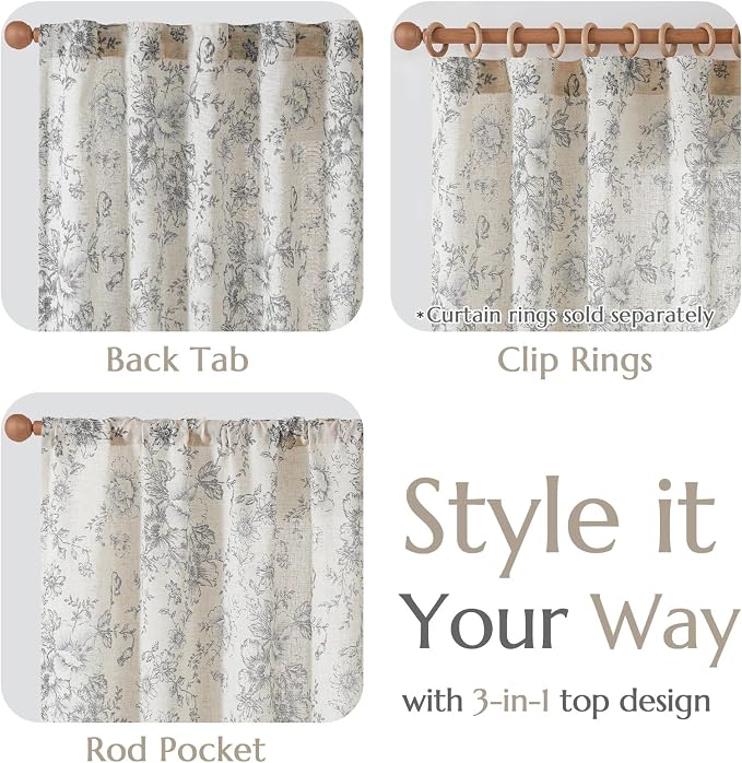 jinchan Grey Floral Linen Curtains 90 Inch Vintage Back Tab 2 Panels | Light - Image 8