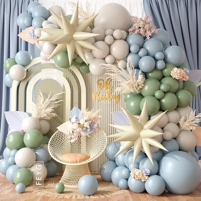 Dusty Blue Green Balloon Garland Arch Kit, Avocado Green Mist Blue White Sand by FEYG