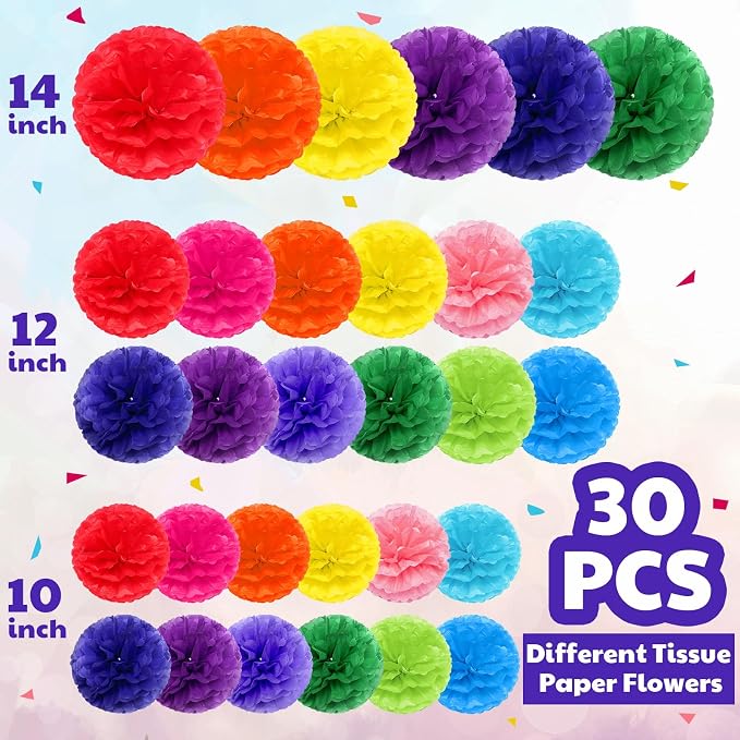 Yeaqee 30 Pcs Multicolor Large Tissue Paper Pom Poms Decorations 14''/ 12''/ - Image 2
