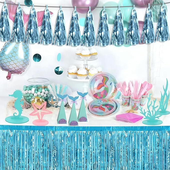 3P Light Blue Tassel Banner Garland Metallic Foil Fringe Banner Tinsel Tassels - Image 4