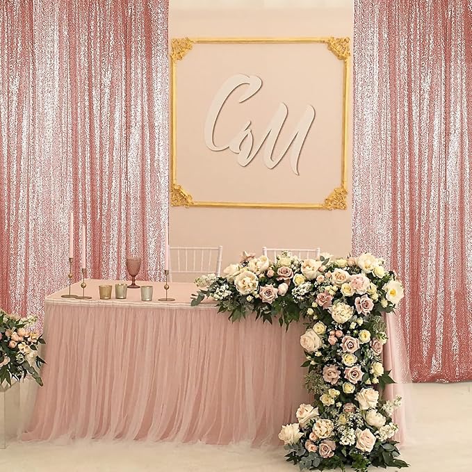 Sugargirl Rose Gold Sequin Backdrop Curtain 7FTx7FT Glitter Rose Gold - Image 2