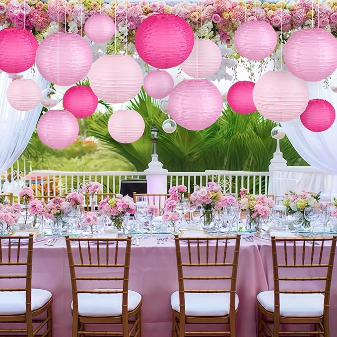 15-Pack Pink Paper Lanterns, Hanging Party Decorations | 6, 8 & 10 Inch Rose - Image 5