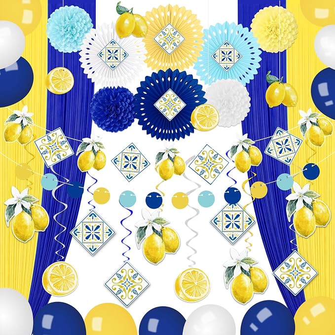 43Pcs Amalfi Coast Party Decorations Lemon Decor Set | Foil Curtains, Paper Fans by Renbuzhu