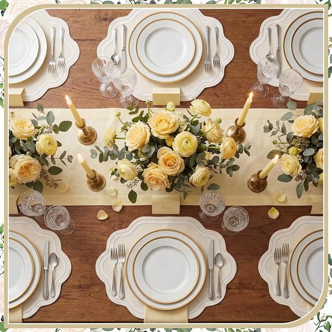 6 Pcs Beige Wedding Placemats Scalloped Embroidered Cotton Linen Placemats 17" - Image 4