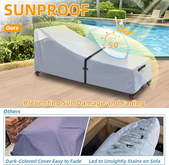Patio Chaise Lounge Cover with Handles, Outdoor Lounge Chair Cover Waterproof UV Resistant, Patio Furniture Covers with Air Vent (76L x 32W x 32H) inch