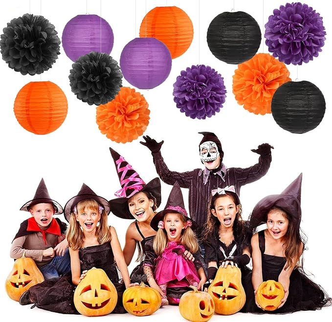 Purple-Orange Black Party-Decorations Paper-Flowers Lanterns - Image 5