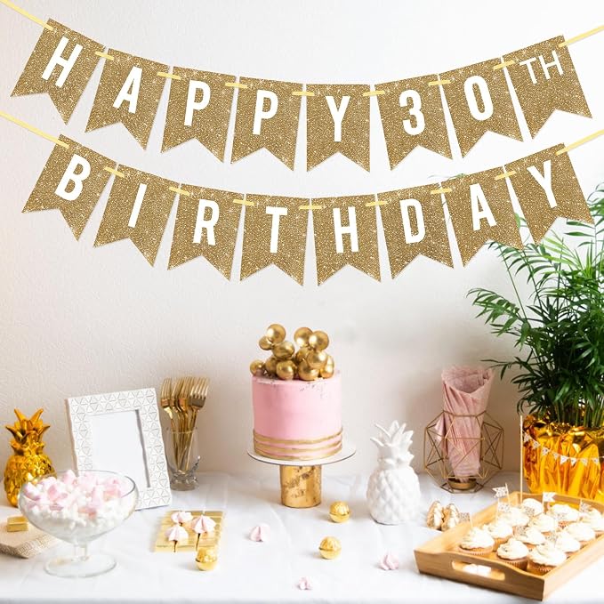 Netnology Pre-Strung Gold Glitter 30th Happy Birthday Banner Decorations | 12 - Image 4