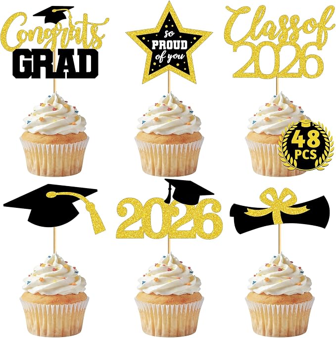 48 PCS Graduation Cupcake Toppers, 6 Styles Congrats Grad Cake Topper, Glittery by QZYL