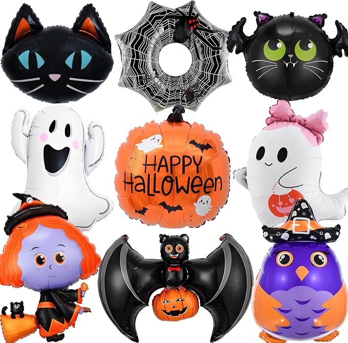 9Pcs Halloween Balloons Decoration Set, Foil Ghost, Spider Web, Pumpkin & Bat by Unknown