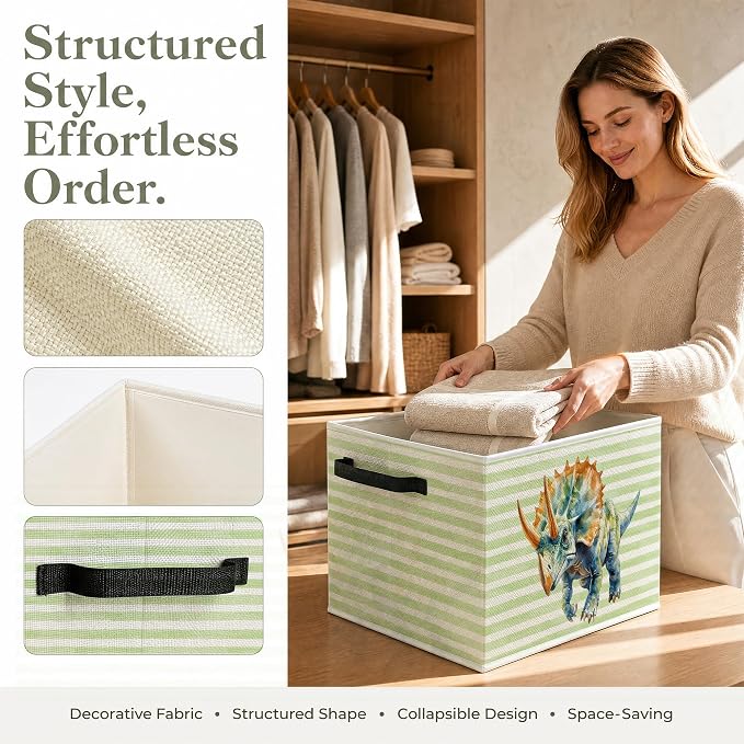 Dinosaur Nursery Green Striped Storage Basket - Image 2
