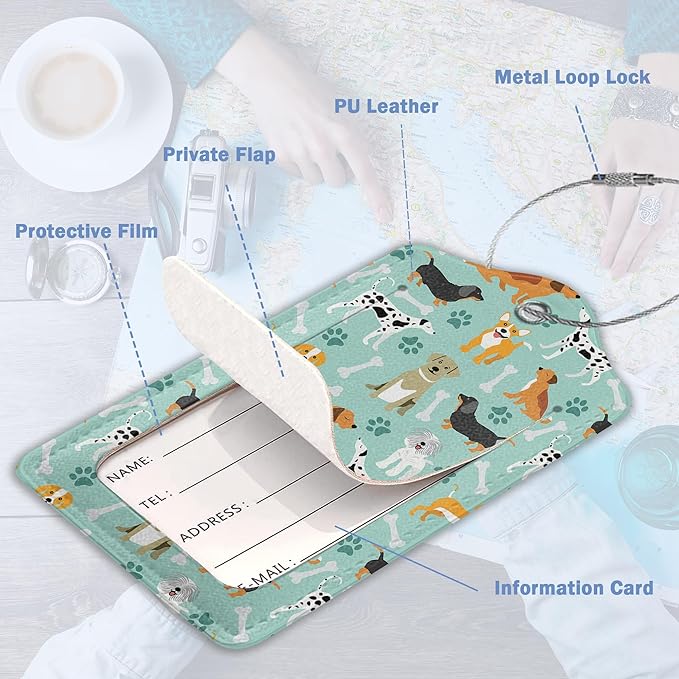 2 Pack Luggage Tags,Leather Suitcase Tags with Privacy Cover Name Address Labels& Durable Steel Loop for Men/Women Travel Bag Suitcases(Cute Dog)