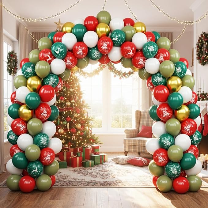 Christmas Balloons, Retro Green Gold Red and White Xmas Party Balloon - Image 7