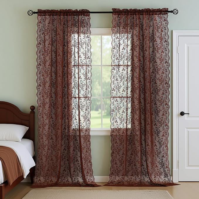 Chestnut Brown Lace Curtains Rustic Leaf Floral 42 x 84 Inch, 2 Panels | Rod - Image 5