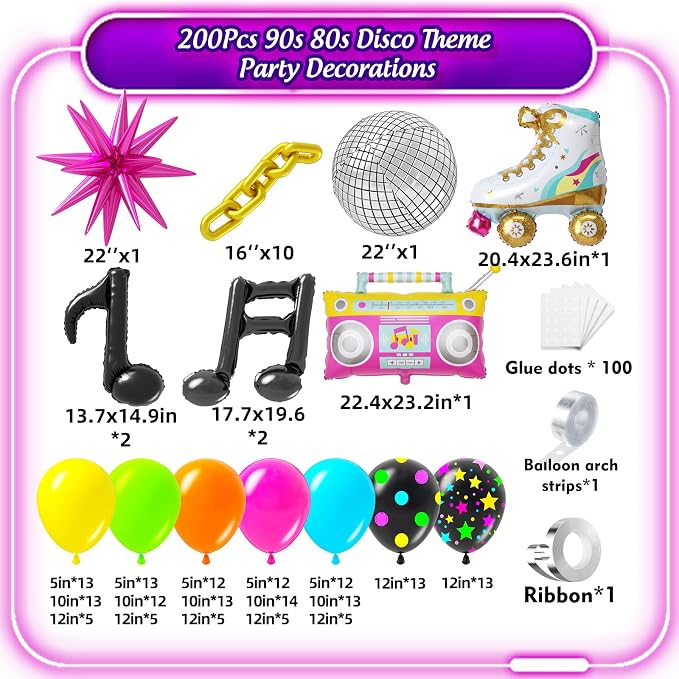 90s 80s Disco Theme Party Decorations 200Pcs, Neon Balloon Arch Kit - Image 2