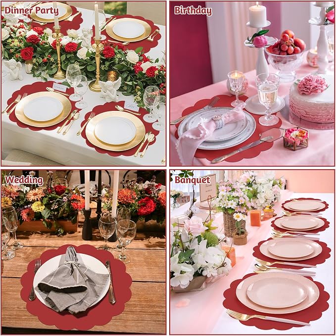60 Pcs Red Paper Placemats, 13.5 Inch Disposable Scalloped Table Mats | Thick - Image 7