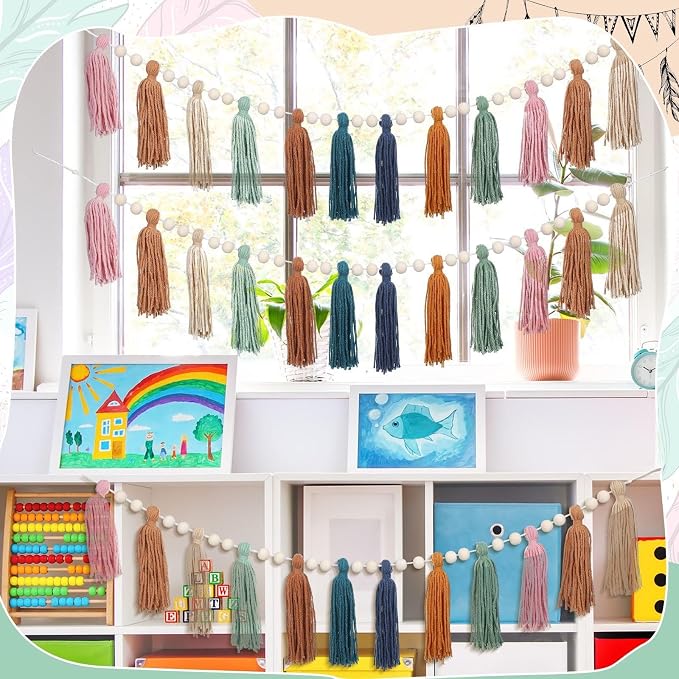 Zeyune 3 Pcs Boho Tassel Garland Boho Rainbow Wall Decor Colorful Pastel Tassel - Image 2