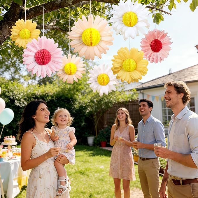 SUNBEAUTY Daisy Flower Hanging Decoration 9Pcs Pink and Yellow Daisy Honeycomb - Image 2